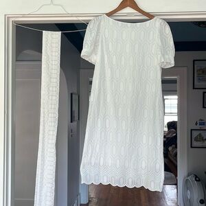 Diane Von Furstenberg white eyelet sash belt dress all cotton sz 4 puff sleeve